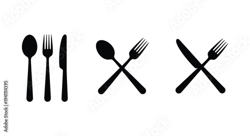 Stylized black vector graphic illustration of kitchen and dining utensils for various designs.