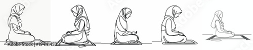 line art of a Muslim woman sitting on a prayer mat