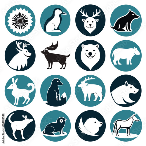 Diverse Arctic animal icons in a flat vector style