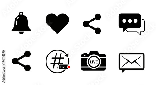 Collection of black social media icons representing communication a silhouette