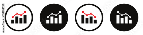 Four black and white oval icons with bar graphs and line charts