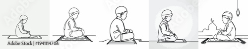 line art of a Muslim little boy sitting on a prayer mat