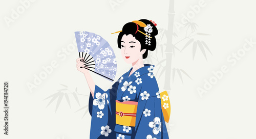 Beautiful Japanese Woman in Blue Kimono with Fan, Bamboo Background