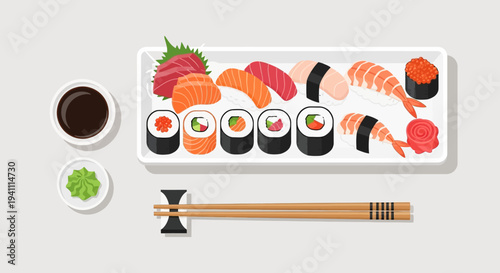 Assortment of Fresh Sushi and Sashimi on White Plate with Chopsticks and Soy Sauce