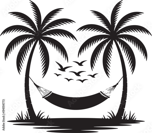 tropical hammock between palm trees silhouette