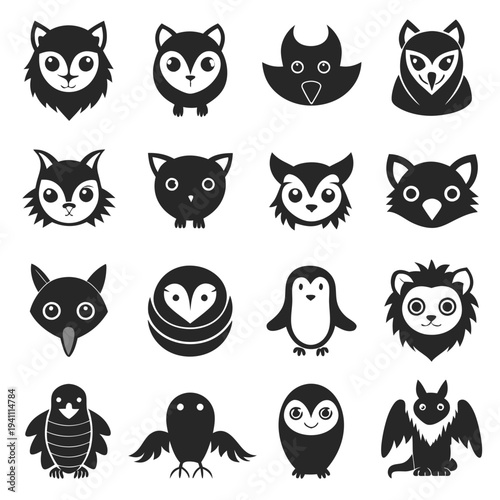 Collection of simple animal silhouettes, black and white images