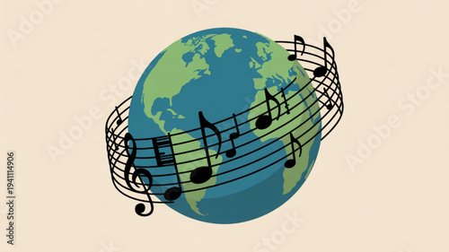 Vibrant earth globe wrapped in musical notes on cream background