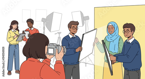 Photography studio setup with diverse team shooting portrait of woman in hijab