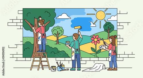 People painting a vibrant landscape mural on a brick wall, teamwork and creativity