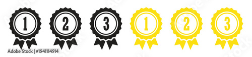 A set of four rosette award ribbons in black and yellow