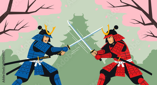 Samurai Warriors Clash Swords in Front of Japanese Castle, Cherry Blossoms