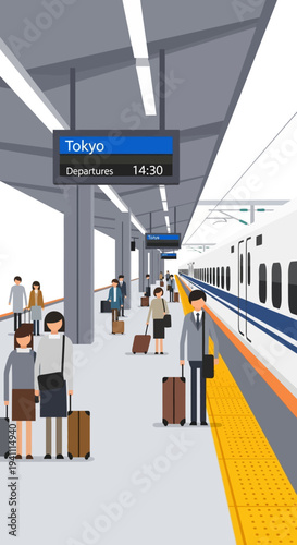 Tokyo train station platform with passengers and bullet train arriving
