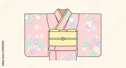 Traditional Japanese Pink Kimono with Floral Pattern and Yellow Obi
