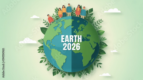Diverse people standing on earth 2026 surrounded by green leaves and clouds symbolizing global unity and environmental conservation