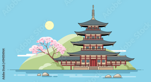 Traditional Japanese Pagoda Temple with Cherry Blossoms and Mountain Landscape