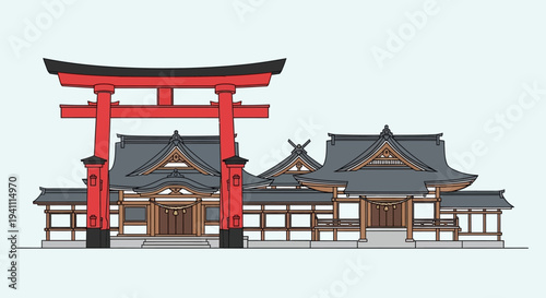 Traditional Japanese Shrine Architecture with Red Torii Gate