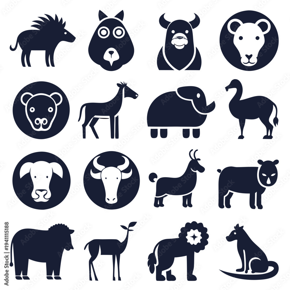 Fototapeta premium Simple vector icons showing different animals in dark color