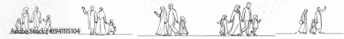 line art of a Muslim family walking together happily