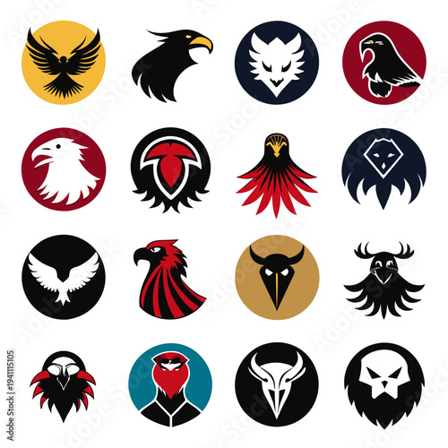 Collection of stylized heraldic animal emblems and icons