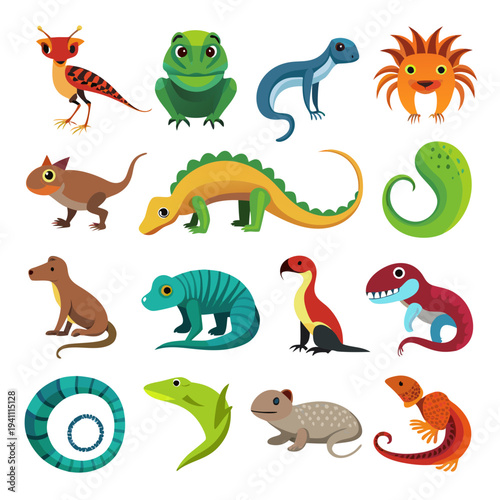 Colorful cartoon reptiles and amphibians set on white backdrop