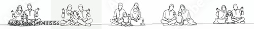 line art of a happy Muslim family sitting on floor