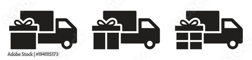 Black and white illustration of trucks carrying wrapped gifts