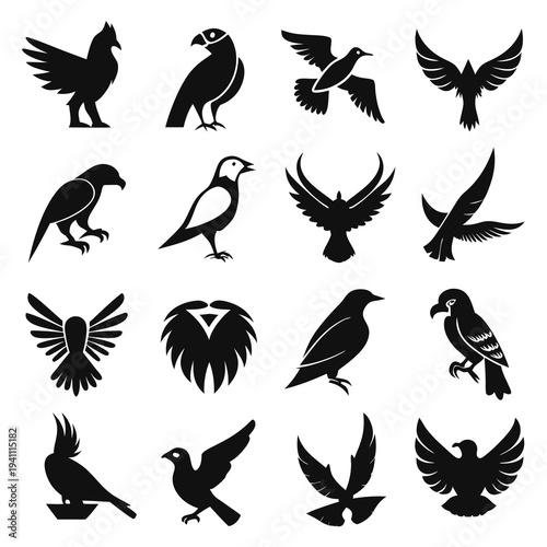 Monochrome bird silhouettes collection for graphic design elements