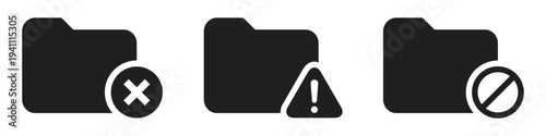 Three black folder icons with different status indicators