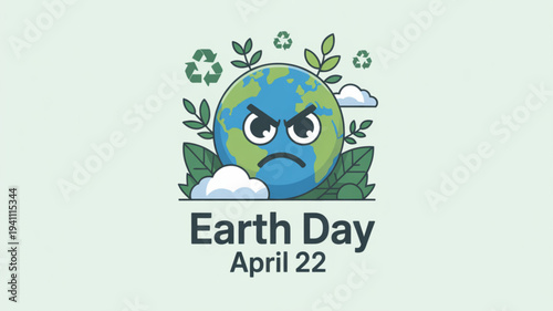 Sad earth with angry face surrounded by green leaves and recycling symbols on earth day april 22