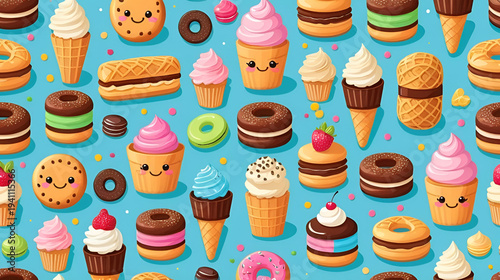 Retro dessert character. Cartoon sweets mascots, smiling cookie, playful waffle, croissant and tasty macaron. Cute cupcake, funny donut, chocolate bar and cake, rubber hose style vector set.