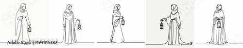 Line art of a Muslim woman standing holding a Ramadan lantern front view