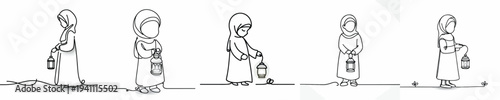 Line art of a Muslim little girl standing holding a Ramadan lantern