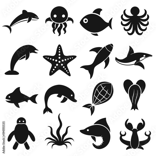 Black and white silhouette icons of diverse marine creatures