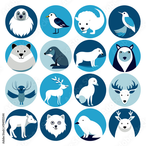 Arctic Animals Flat Icons Set in Blue Circular Backgrounds