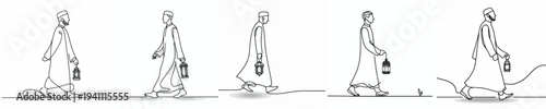 Line art of a Muslim man walking holding a Ramadan lantern 