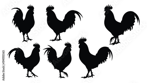 Six black silhouettes of roosters standing in different positions