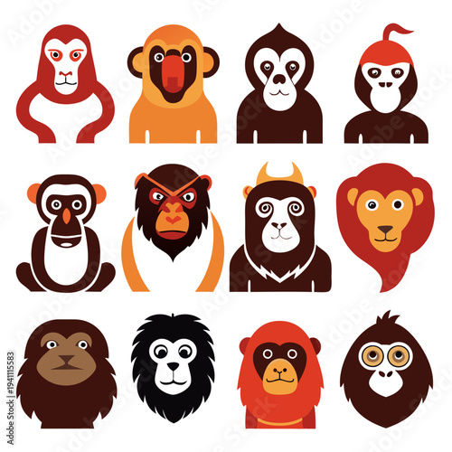 Twelve stylized monkey animal portraits set against white background
