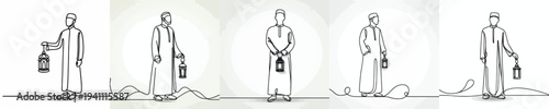 Line art of a Muslim man standing holding a Ramadan lantern front view