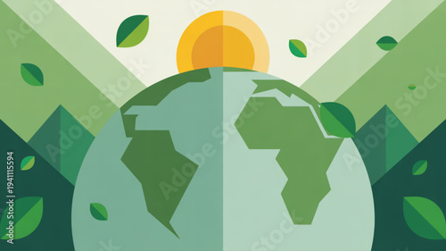 Earth from space with green mountains and leaves around it under sunny sky