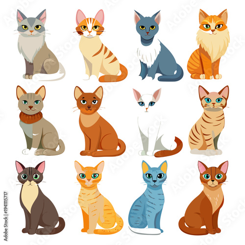 Collection of twelve cartoon cats in varying breeds colors
