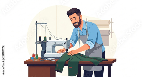 Male tailor working with sewing machine in workshop professional dressmaker character vector illustration