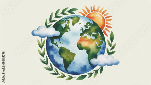 Earth surrounded by laurel wreath sun clouds and leaves symbolizing eco friendly environment and sustainability