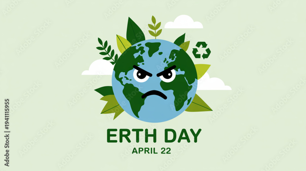 Fototapeta premium Angry earth day illustration with frowning globe and green leaves on light green background