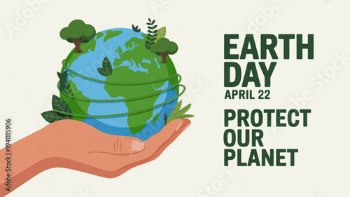 Earth day illustration of a hand holding the globe with trees and leaves promoting environmental protection and sustainability on april 22