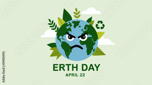 Angry earth day illustration with frowning globe and green leaves on light green background