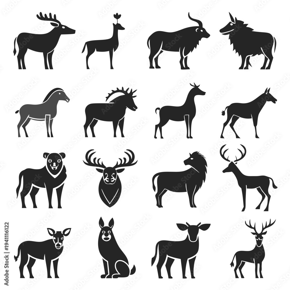 Fototapeta premium Diverse collection of stylized monochrome animal icon silhouettes