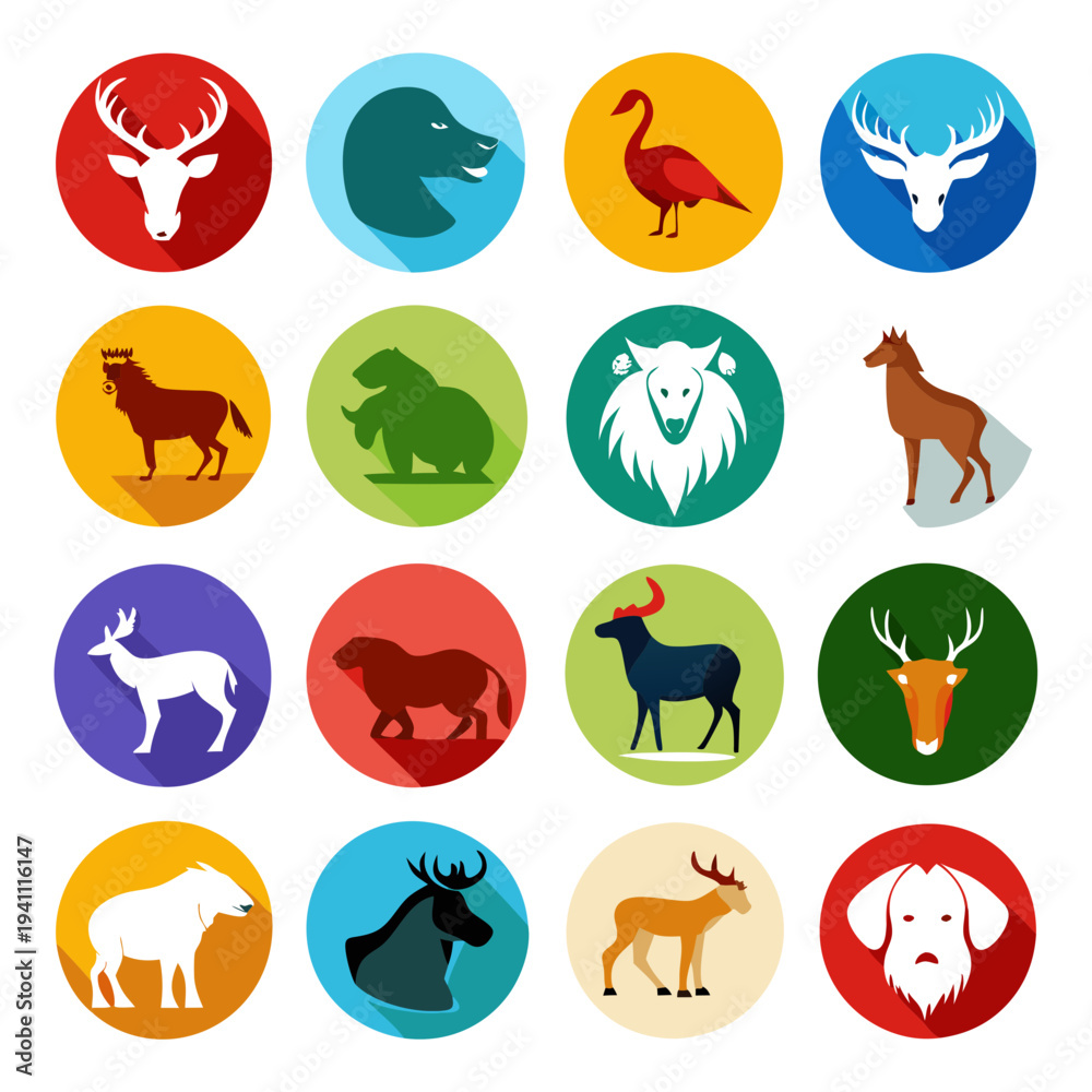 Naklejka premium Flat animal icons in colorful circles, long shadow style