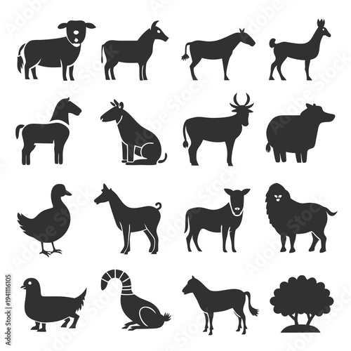 Set of farm animals vector silhouettes for web design