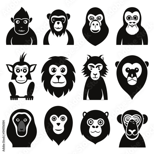 Vector illustration collection of various monkeys in black and white