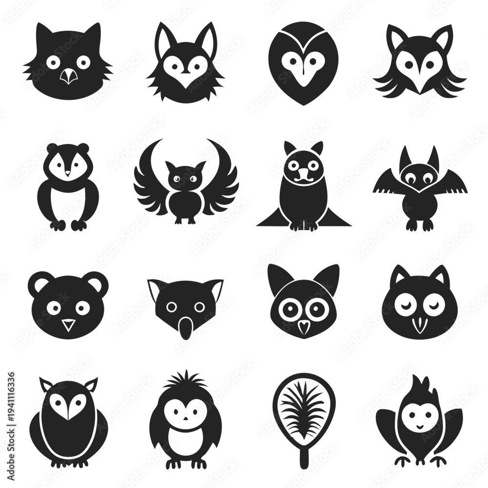 Fototapeta premium Set of various animal and bird icons, flat vector style
